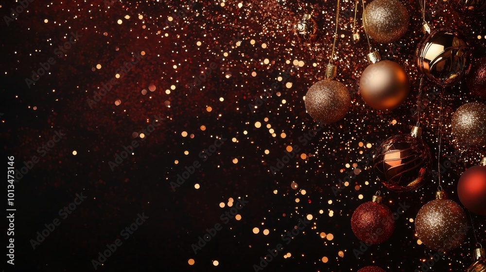 Elegant Christmas ornaments in red and gold hanging against a dark background with glowing glitter and bokeh lights, creating a festive holiday ambiance. Elegant Christmas ornaments in red and gold hanging against a dark background with glowing glitter and bokeh lights, creating a festive holiday ambiance.