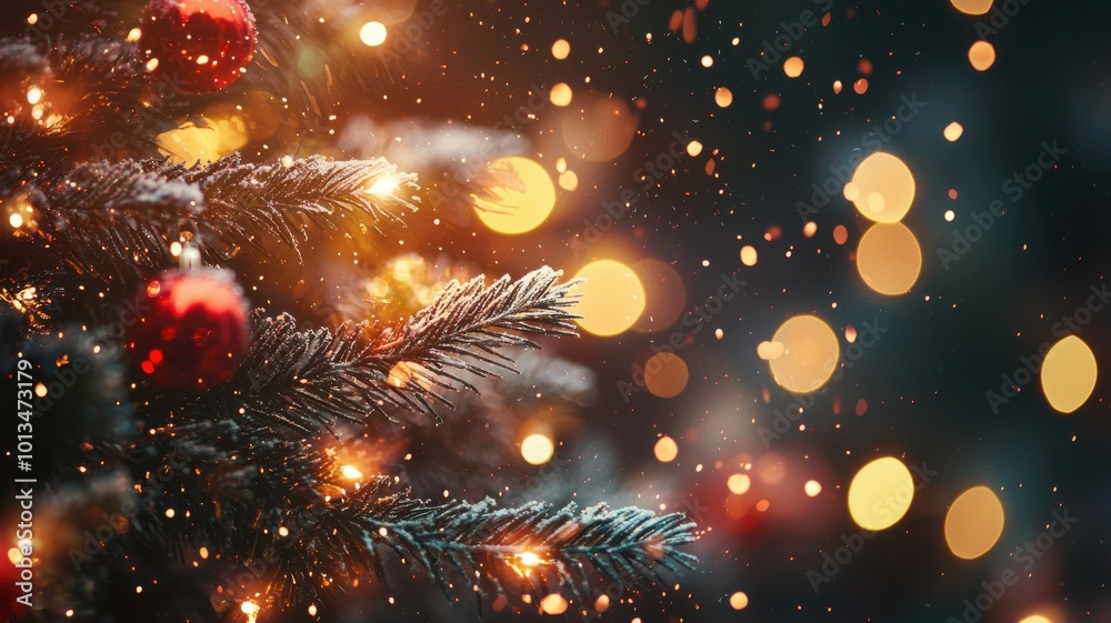 Festive close-up of snow-dusted Christmas tree branches adorned with red ornaments and glowing lights, creating a warm holiday atmosphere.