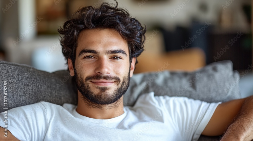Relaxed young man lounging on sofa with confident smile. Comfortable indoor lifestyle, leisure time at home, positive mood, and casual living room setting, closeup portrait Relaxed young man lounging on sofa with confident smile. Comfortable indoor lifestyle, leisure time at home, positive mood, and casual living room setting, closeup portrait