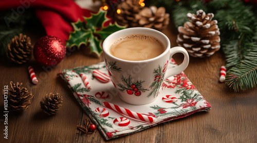 Espresso cup placed on a Christmas-themed napkin, with candy canes, pinecones, and holly leaves decorating the table, Generative AI