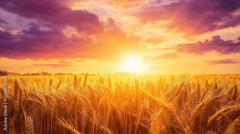Golden Wheat Field at Sunset with Colorful Sky Golden Wheat Field at Sunset with Colorful Sky