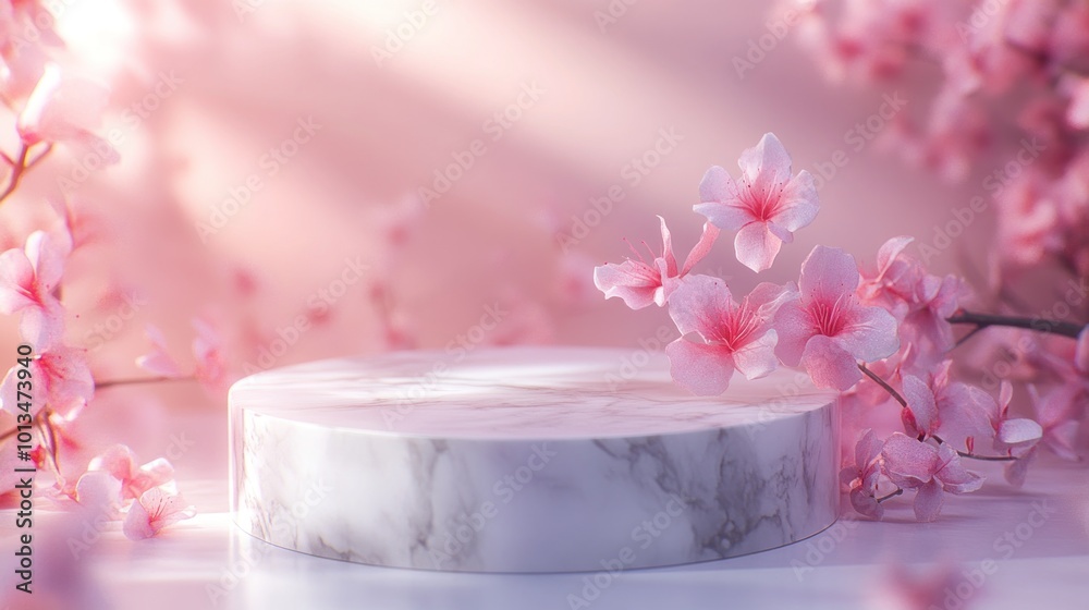 A serene display featuring a marble pedestal surrounded by delicate pink blossoms. A serene display featuring a marble pedestal surrounded by delicate pink blossoms.