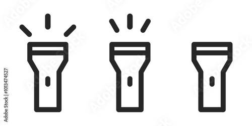 Outlined black isolated illustration set of flashlight for User Interface. Vector icons in flat style