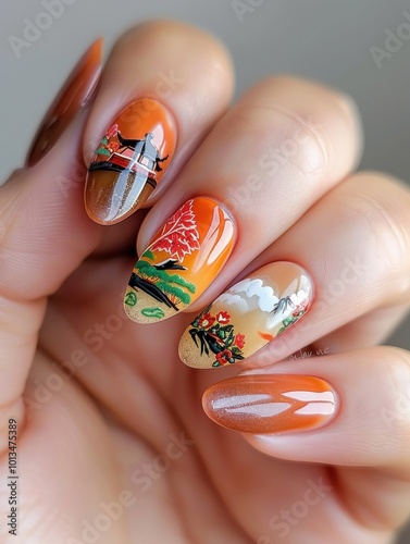 Mobile Beauty: Close-Up of Hand Holding Phone with Nail Art.