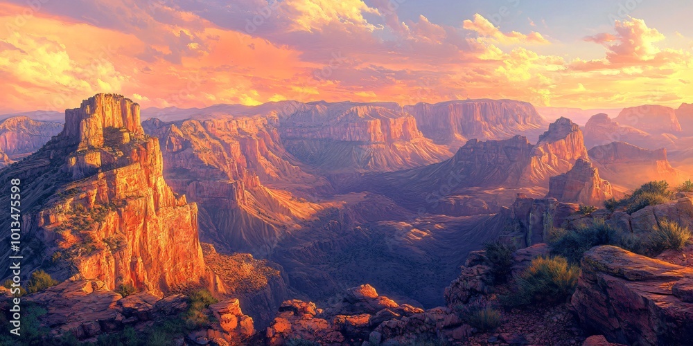 Fototapeta premium Scenic view of a canyon at sunset with colorful clouds in the sky.