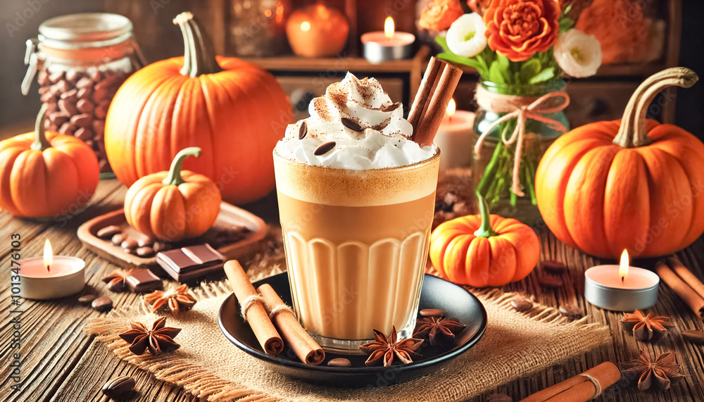 Bustling Coffee Shop with Pumpkin Spice Latte Bustling Coffee Shop with Pumpkin Spice Latte