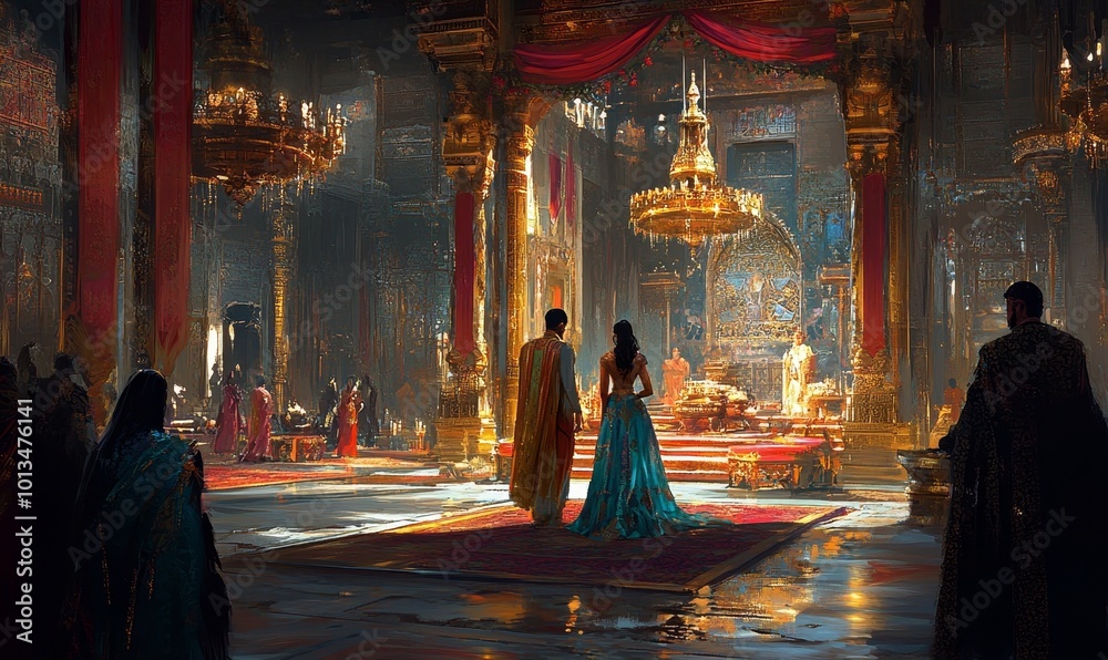 Two people stand in an ornate, gold hall. Two people stand in an ornate, gold hall.