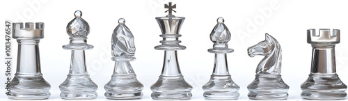 a group of glass chess pieces