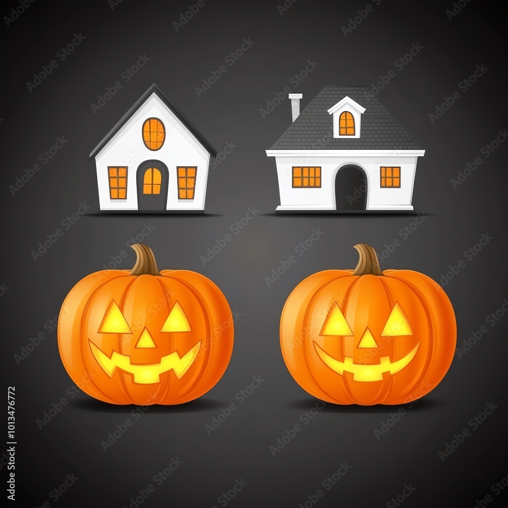 Illustration of two spooky houses and two glowing pumpkins on a dark background, perfect for Halloween-themed designs and projects. Illustration of two spooky houses and two glowing pumpkins on a dark background, perfect for Halloween-themed designs and projects.