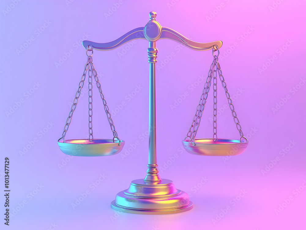 Flat Glossy Holographic Balance Scales with Glowing Human Rights Badge on White Background | Justice and Equality Concept with Ample Copy Space