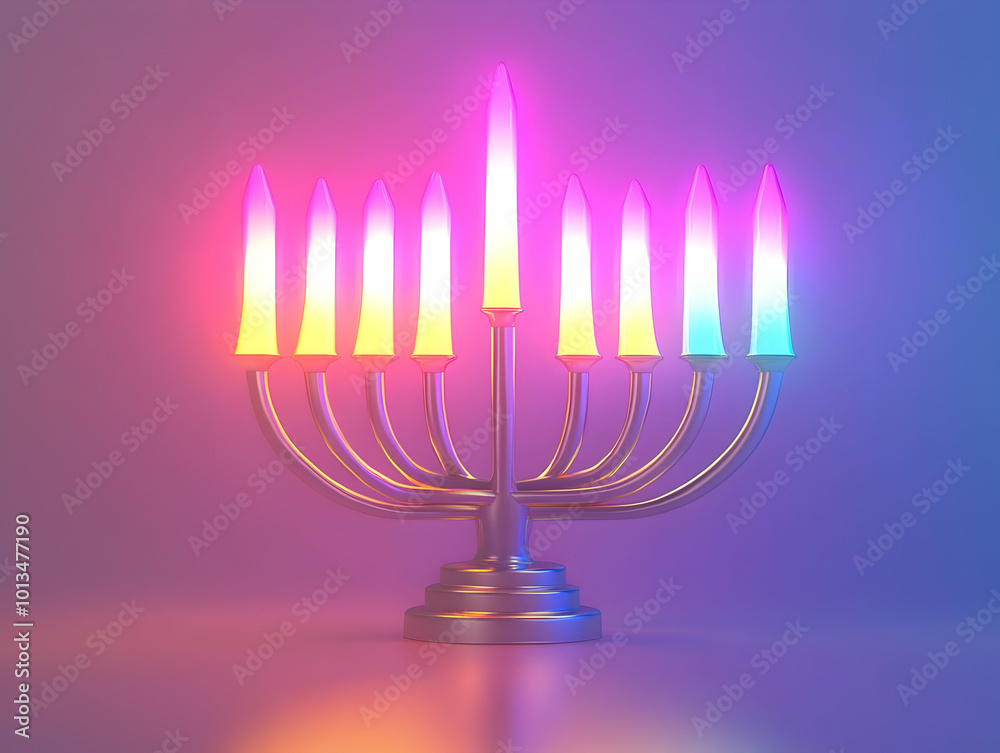 Flat Holographic Dreidel and Menorah on Glossy Desktop Background with Ample Copy Space for Festive Promotions and Seasonal Campaigns Flat Holographic Dreidel and Menorah on Glossy Desktop Background with Ample Copy Space for Festive Promotions and Seasonal Campaigns