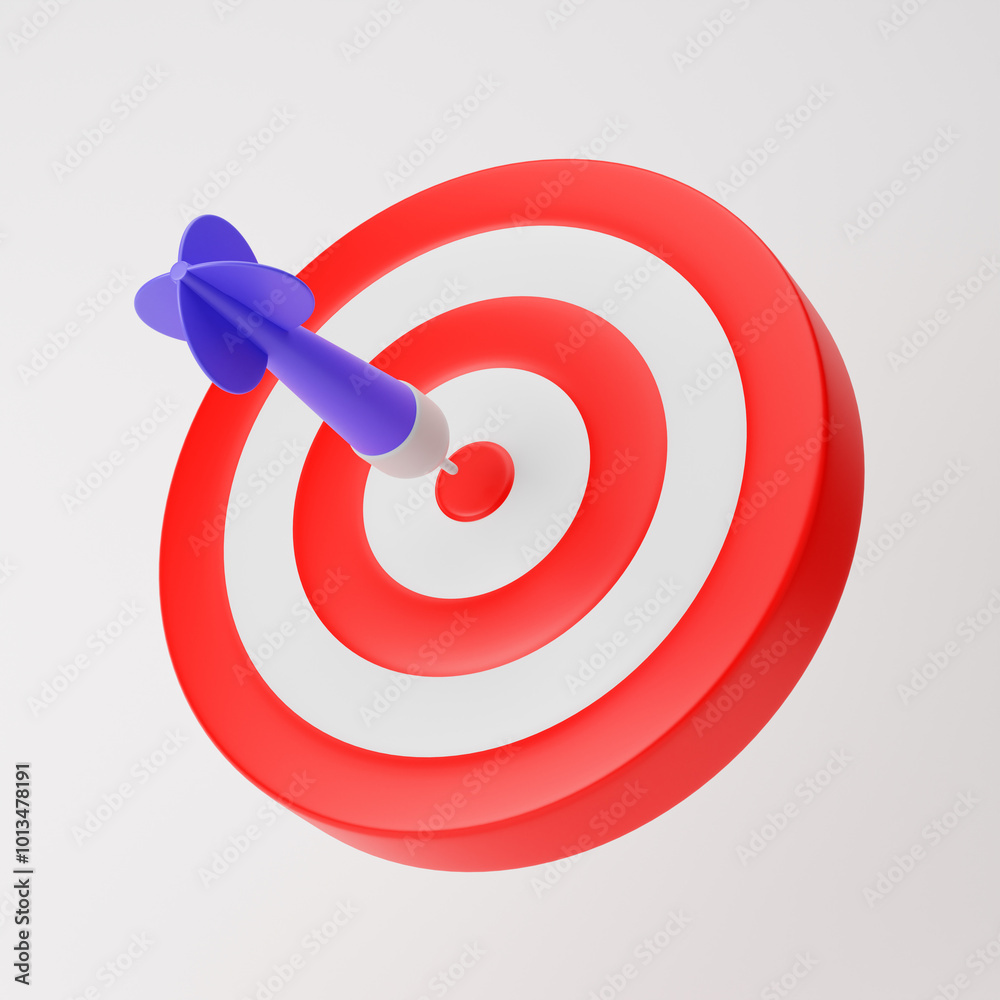 Purple dart hitting the center of target isolated over white background. 3d rendering. Purple dart hitting the center of target isolated over white background. 3d rendering.