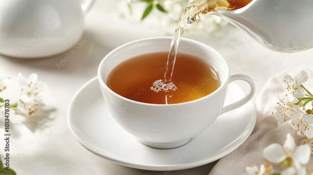 Pouring Tea Into a White Cup with Flowers Pouring Tea Into a White Cup with Flowers