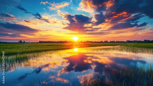 Sunset Reflection Over Calm Water in Green Fields