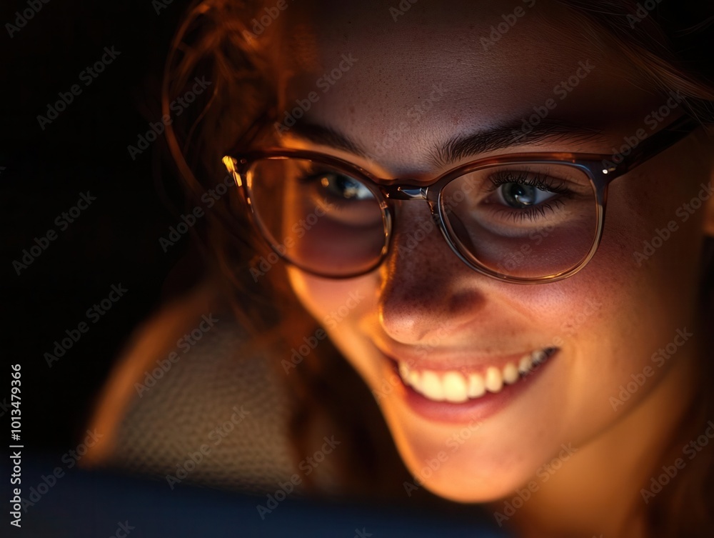 A person smiling while looking at a computer screen, bifocals set aside, embracing digital eye care innovation, [Bifocals at the Monitor Liberation Day], [comfort and progress], ,