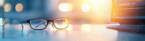 Close-up of a desk with a pair of bifocals placed next to a glowing monitor photo
