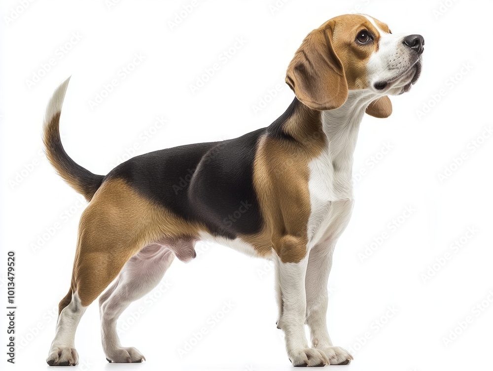 A Beagle stands with its head held high, showcasing its tricolor coat and inquisitive expression, poised against a bright white background. A Beagle stands with its head held high, showcasing its tricolor coat and inquisitive expression, poised against a bright white background.