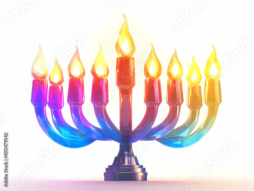 Futuristic Hanukkah Menorah Flame Close-Up: Holographic Glow & Modern Design in Simple Flat Vector Illustration for Smart Business