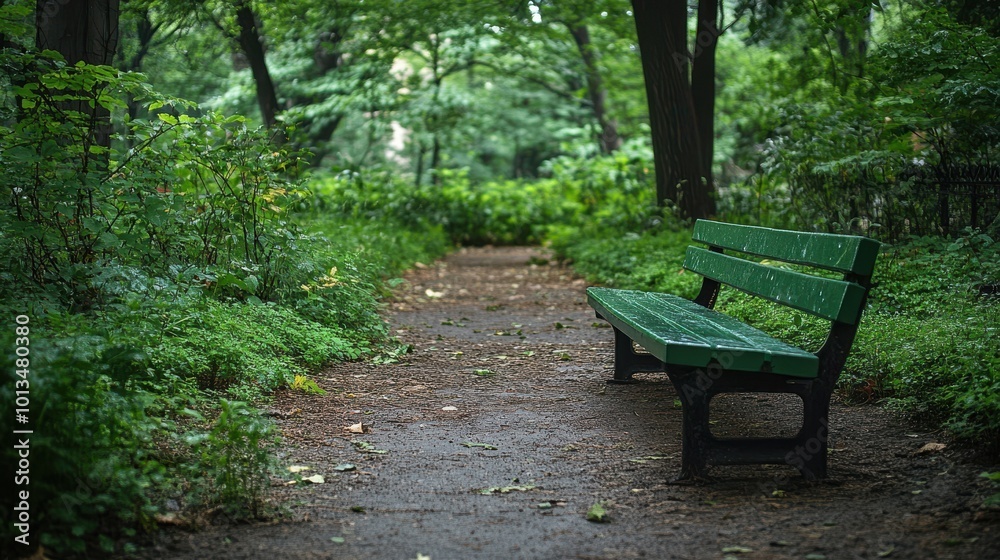 Cozy Wooden Park Bench Surrounded by Lush Greenery Cozy Wooden Park Bench Surrounded by Lush Greenery