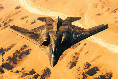 A black stealth bomber flying over a desert landscape. The bomber is flying at a low altitude and is seen from above