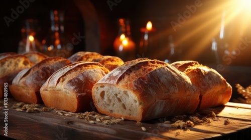 Freshly baked bread loaves arranged on a rustic wooden surface, bathed in warm sunlight, with a subtle glow emanating from the background.