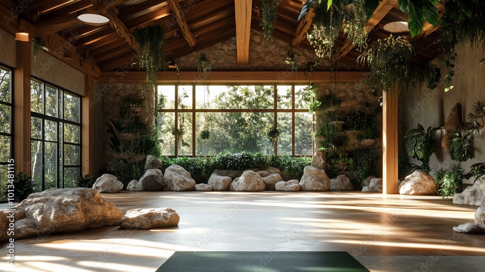 Spacious yoga studio with large windows, wooden beams, and stone accents.