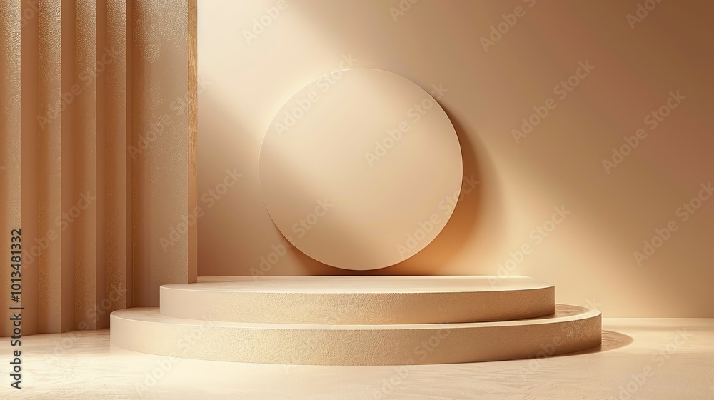 Minimalist beige podium with a round platform in a modern room with a single spotlight. Minimalist beige podium with a round platform in a modern room with a single spotlight.