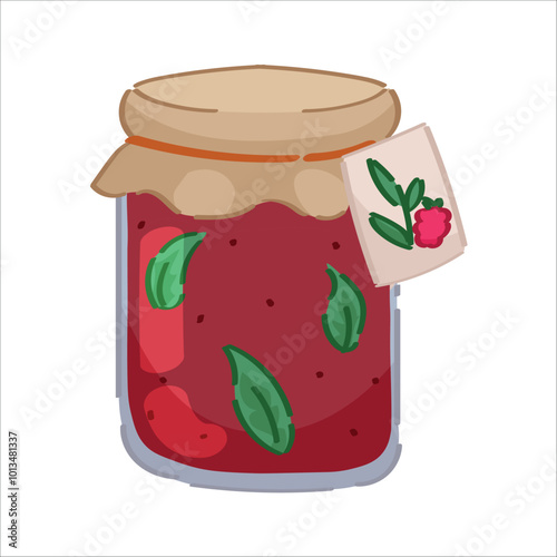 Jar of sweet raspberry jam on white background