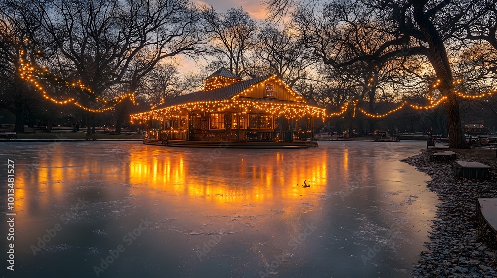 Obraz premium Holiday lights reflecting off a frozen pond, creating a magical winter wonderland atmosphere