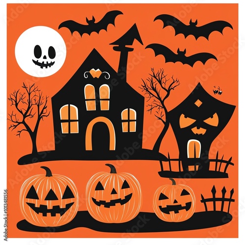 Spooky Halloween scene with haunted houses, pumpkins, bats, and a moon. Perfect for festive decorations and seasonal themes. photo