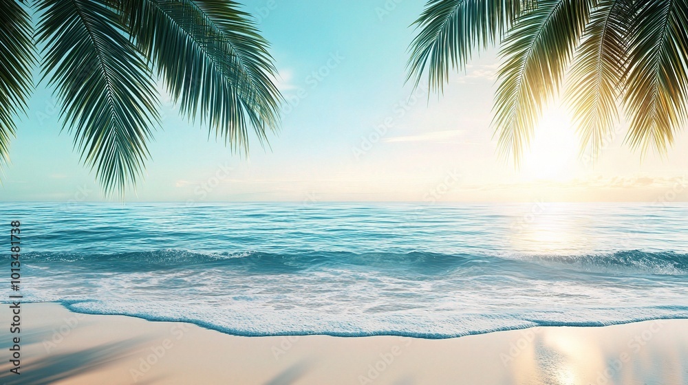 Serene Beach at Sunrise with Palm Trees Serene Beach at Sunrise with Palm Trees