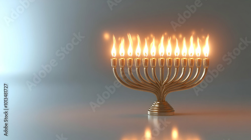 3D Flying Menorah with Glowing Candles Isolated on White Background - Futuristic Hanukkah Design Highlighting Weightless Effect and Flame Detail