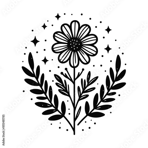 A charming black and white illustration of a stylized flower surrounded by leaves and stars, ideal for projects that evoke a touch of magic and nature.