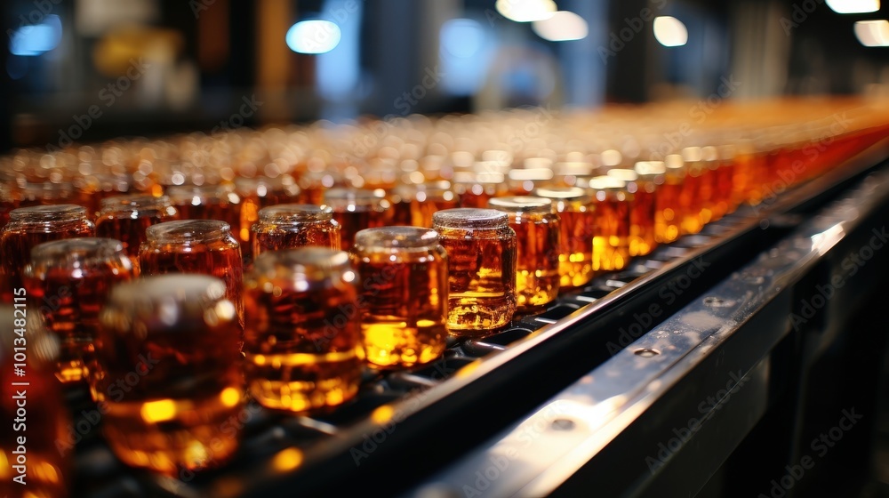 Rows of Glass Jars Filled with Amber Liquid Moving on a Conveyor Belt in a Factory Setting Rows of Glass Jars Filled with Amber Liquid Moving on a Conveyor Belt in a Factory Setting