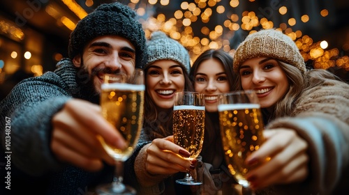 Holiday party in full swing, friends gathered around a fire pit with warm drinks, enjoying the winter season