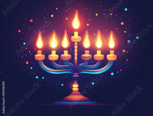 Flat Abstract Vector Illustration of Glowing Hanukkah Gelt and Menorah with Neon Accents on Vibrant Background for Modern Holiday Ecommerce Banners