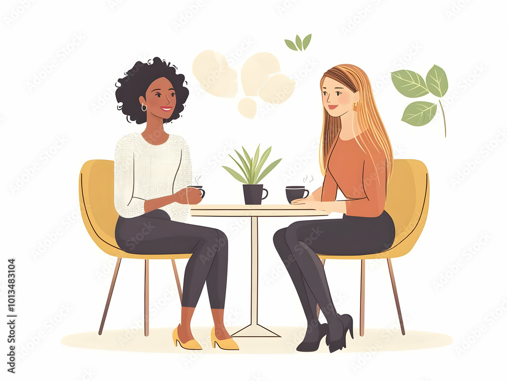 Flat Vector Illustration of Candid Coffee Conversation Between Women of Different Cultures in a Cozy Caf? - Celebrating Unity and Human Connection Flat Vector Illustration of Candid Coffee Conversation Between Women of Different Cultures in a Cozy Caf? - Celebrating Unity and Human Connection