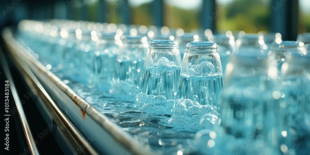 A close-up view of a row of glass bottles filled with clear liquid, the bottles are partially submerged in a water bath, showcasing the bubbles and the rippling surface A close-up view of a row of glass bottles filled with clear liquid, the bottles are partially submerged in a water bath, showcasing the bubbles and the rippling surface