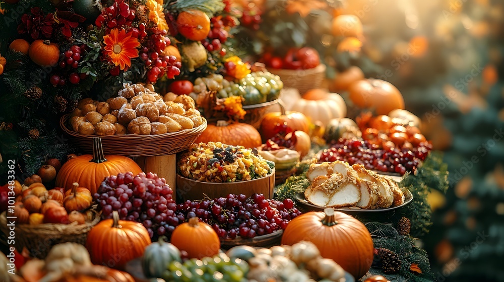 Harvest-themed table setting with fall flowers, pumpkins, and Thanksgiving dishes Harvest-themed table setting with fall flowers, pumpkins, and Thanksgiving dishes