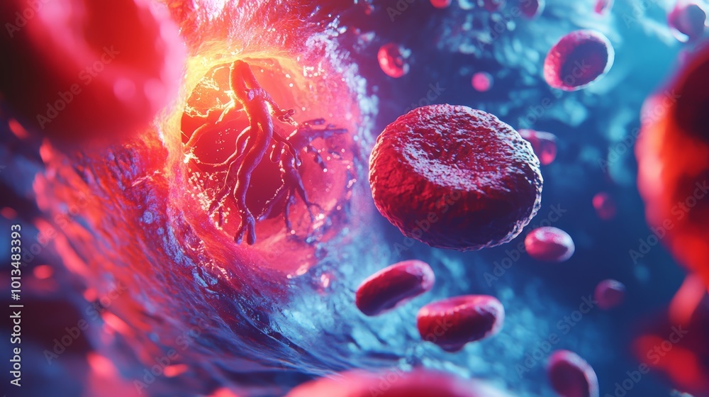Fototapeta premium 3D Illustration of Red Blood Cells Traveling Through a Blood Vessel, Capturing the Dynamic Flow of Nutrients and Oxygen Throughout the Body