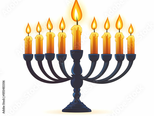 Flat Flying Menorah with Glowing Candles: Gravity-Defying Design for Modern Hanukkah Celebrations - Futuristic Vector Illustration on White Background