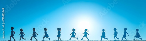 Plain Light Blue Background with Silhouettes of Children Playing - Concept for Children�s Rights and Equality with Copy Space for Messages on Human Rights Day