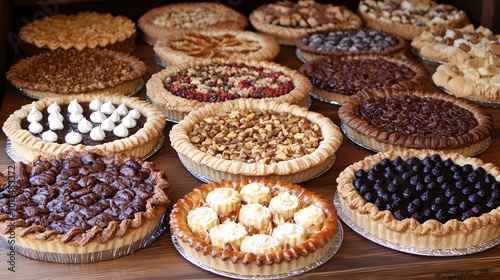 Thanksgiving dessert table filled with pies, cakes, and seasonal treats, with autumn leaves as decoration