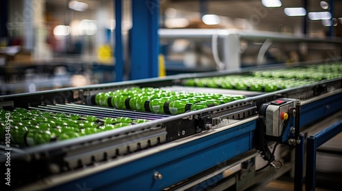 Conveyor belt system carrying a row of green cylindrical objects, revealing the intricate mechanism that drives the automated assembly line process