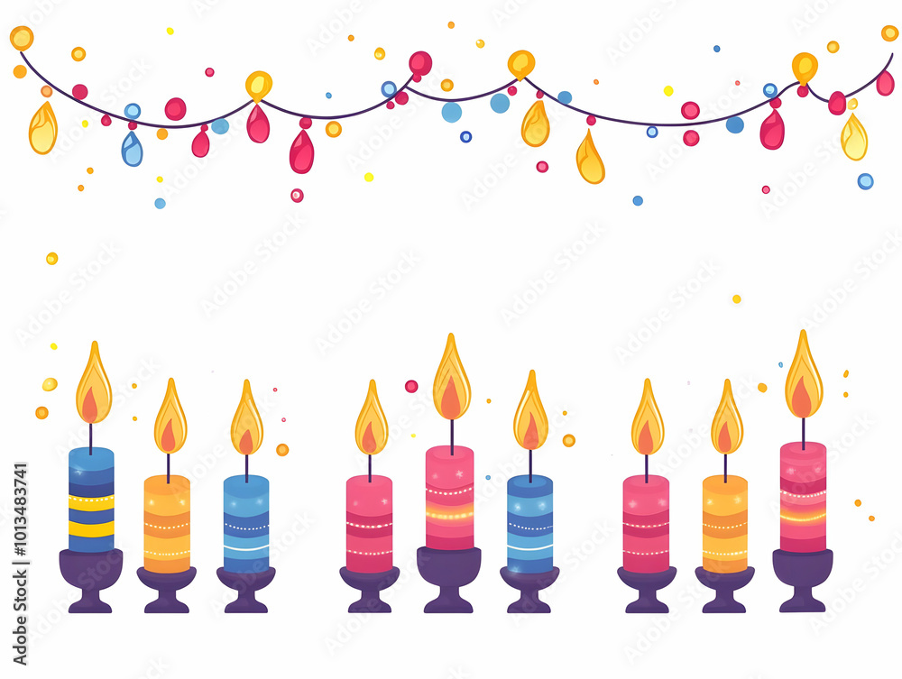 Flat Floating Dreidels and Glowing Hanukkah Candles Create a Modern Border Frame with White Copy Space for Creative Holiday Designs Flat Floating Dreidels and Glowing Hanukkah Candles Create a Modern Border Frame with White Copy Space for Creative Holiday Designs