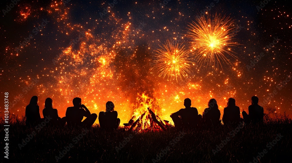 People gathered around a bonfire on New Year Eve, watching the fireworks in the night sky People gathered around a bonfire on New Year Eve, watching the fireworks in the night sky