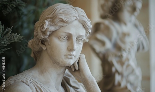 White marble statue of woman with long hair.