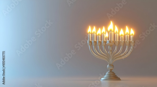 3D Minimalist Plain White Background with Glowing Menorah Silhouette and Hanukkah Candles - Elegant Design for Promotional Needs