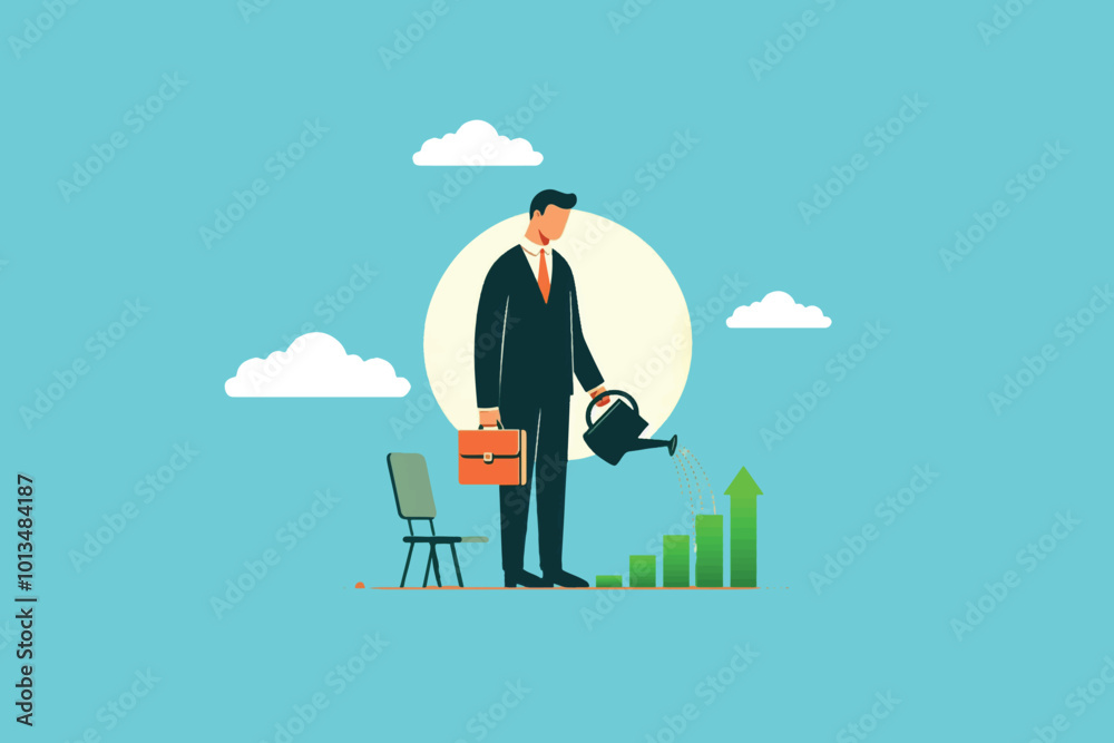 A businessman on a chart while watering a chart that is declining A businessman on a chart while watering a chart that is declining