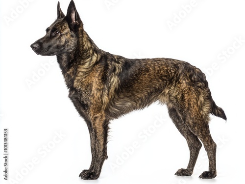 This dutiful Dutch Shepherd, with its striking brindle coat and muscular physique, stands confidently on a white background, showcasing its noble and vigilant nature.